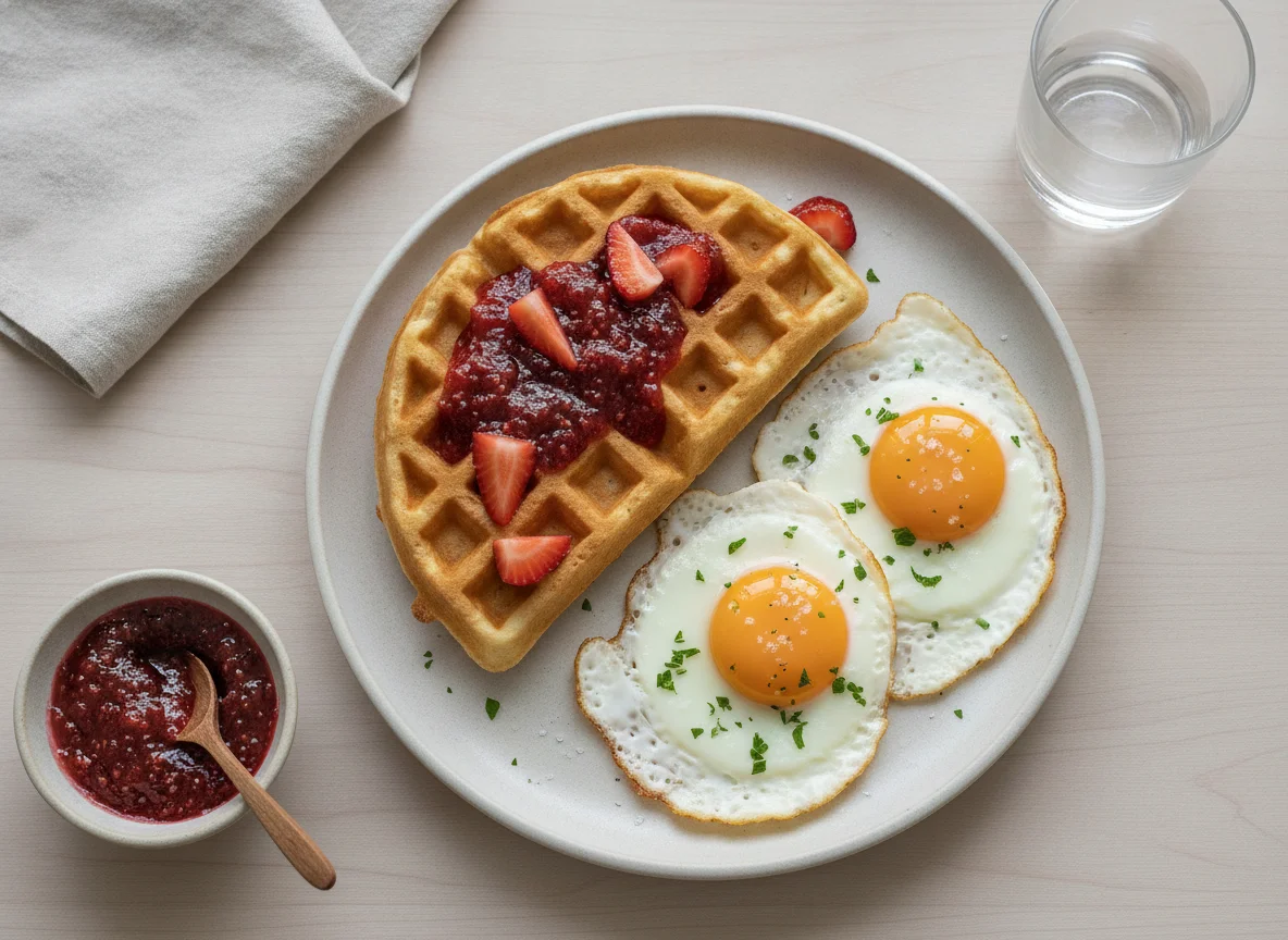 Desayuno con waffles y huevos fritos photo
