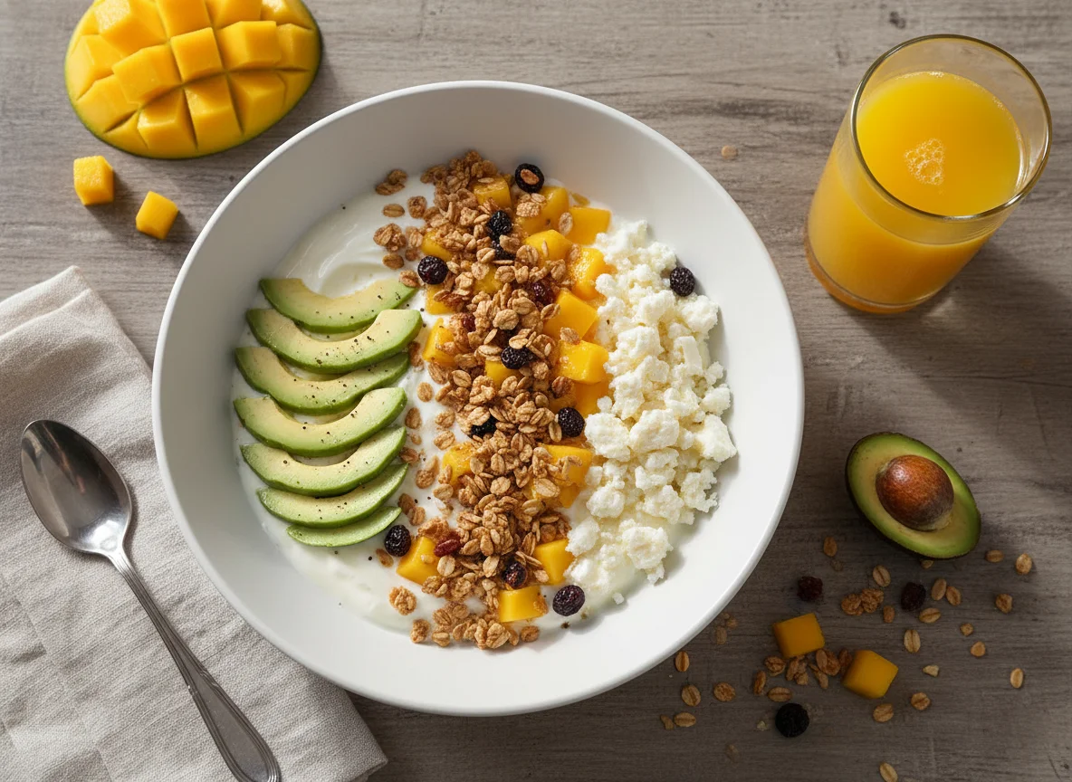 Desayuno con yogur, aguacate y queso photo