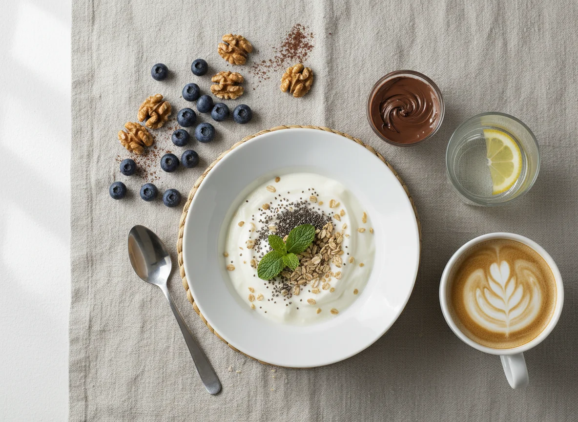 Desayuno con yogur, avena y frutos secos photo