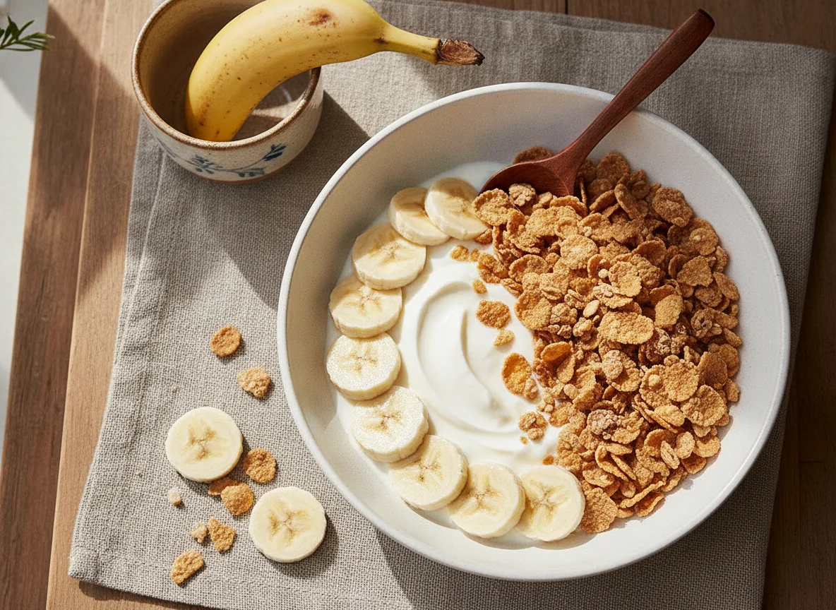 Desayuno con yogur, banana y cereal photo