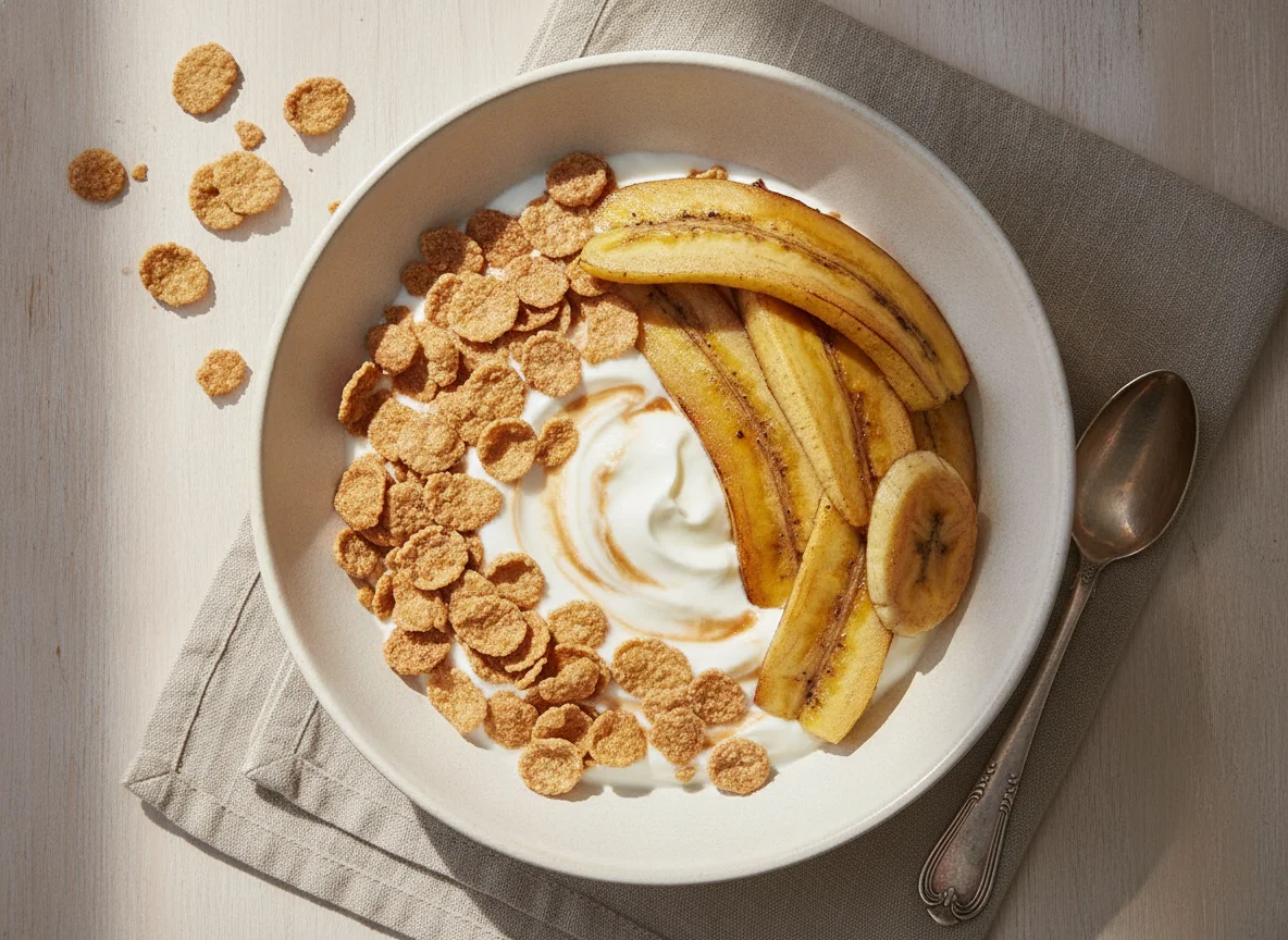Desayuno con yogur, cereales y plátano photo