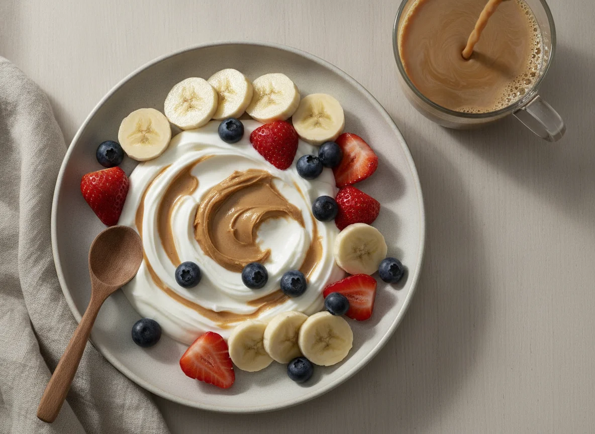 Desayuno con yogur de proteína, frutas y café con leche photo