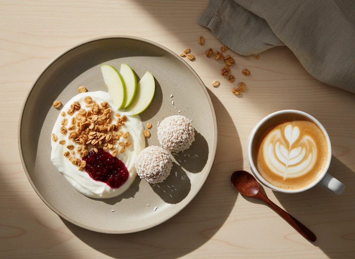 Desayuno con yogur, fruta, granola, trufas y café con leche photo