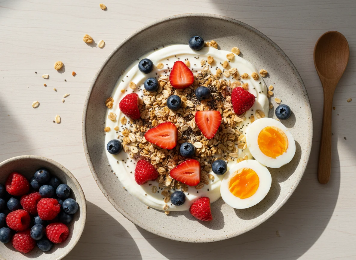 Desayuno con yogur, frutas y huevos photo