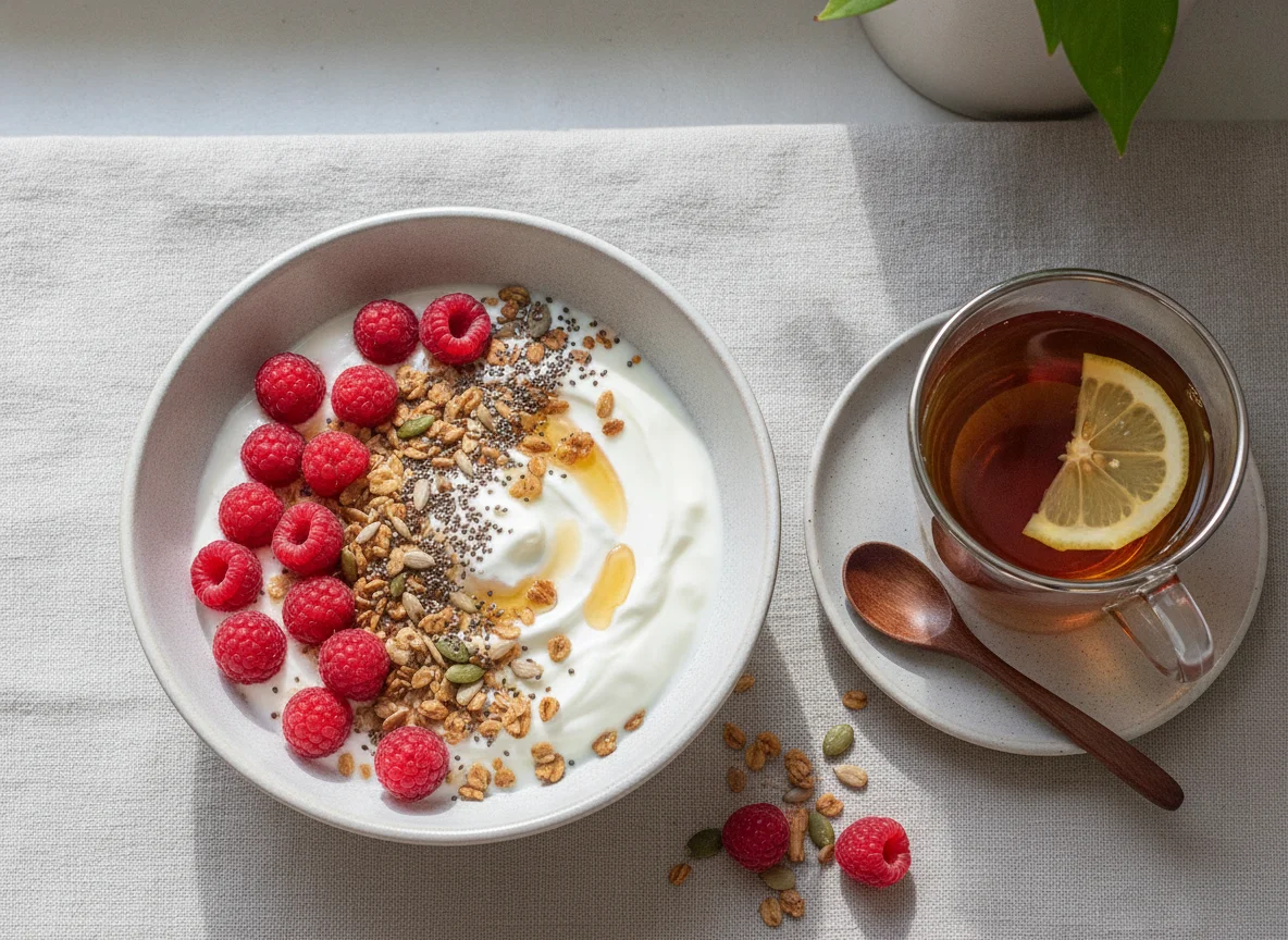 Desayuno con yogur, frutos rojos y té photo