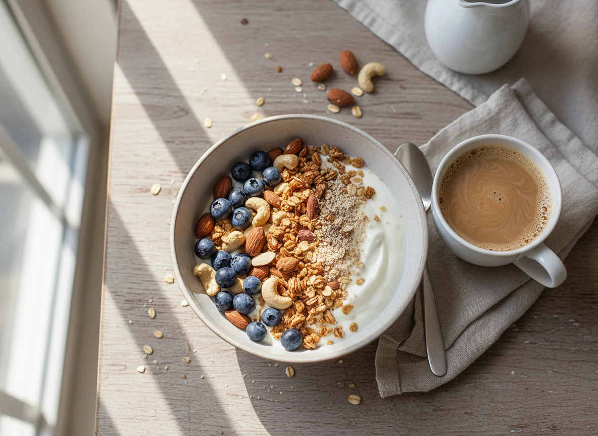 Desayuno con yogur, frutos secos, arándanos y café con leche photo