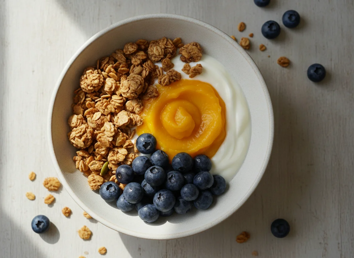 Desayuno con yogur, granola, arándanos y mango photo