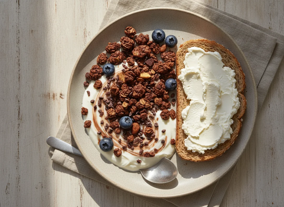 Desayuno con yogur, granola y tostada con queso crema photo