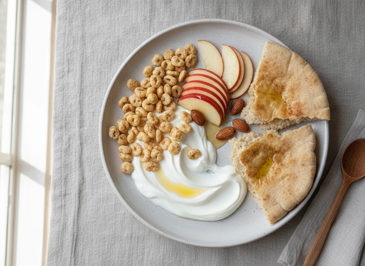 Desayuno con yogur, manzana, cereal y pan pita photo