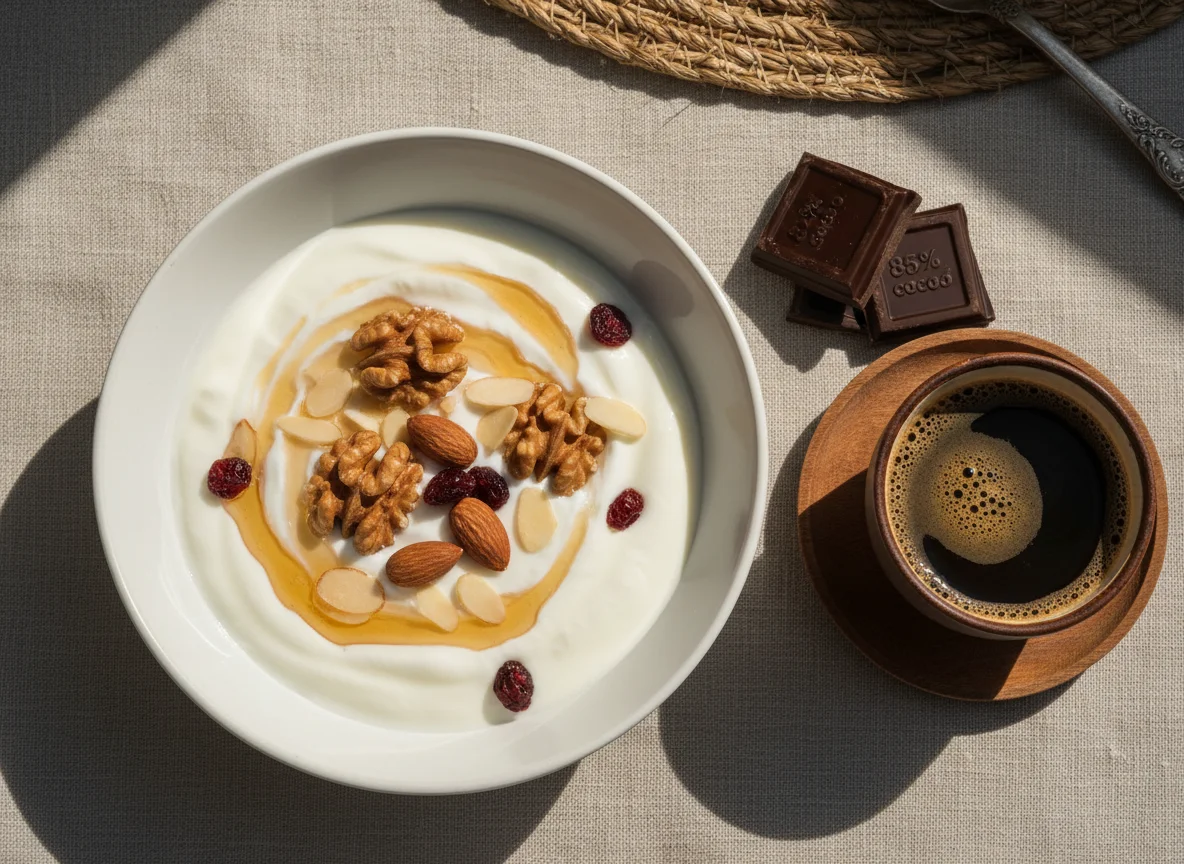 Desayuno con yogur, miel, frutos secos, café y chocolate photo
