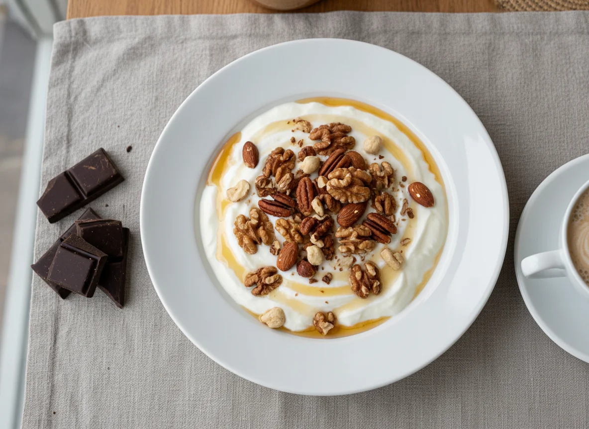 Desayuno con yogur, nueces, café y chocolate photo
