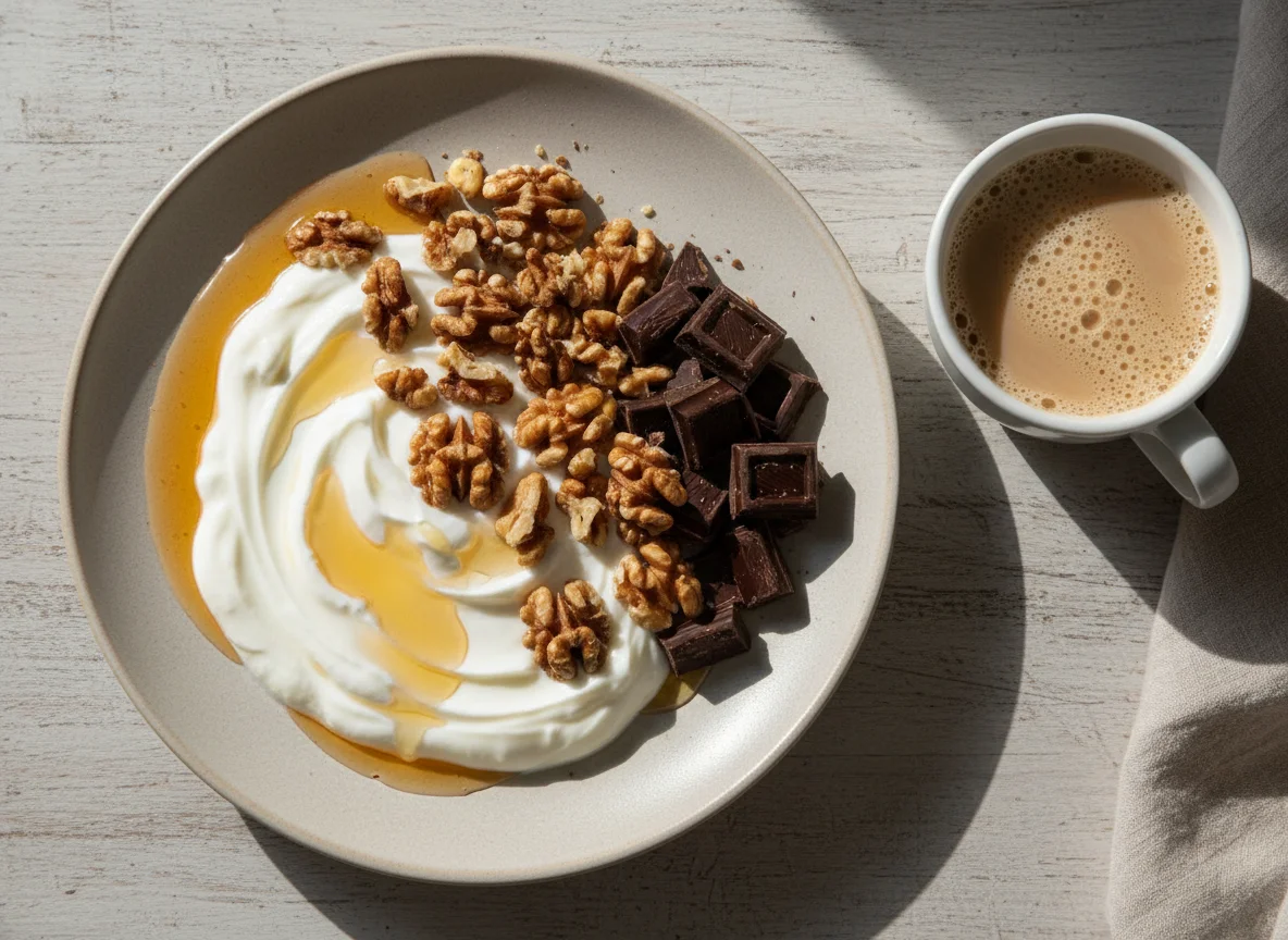 Desayuno con yogur, nueces, chocolate y café photo