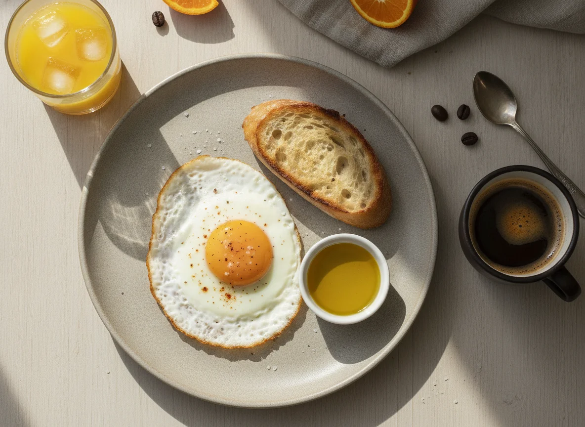 Desayuno con zumo, café y huevo frito photo