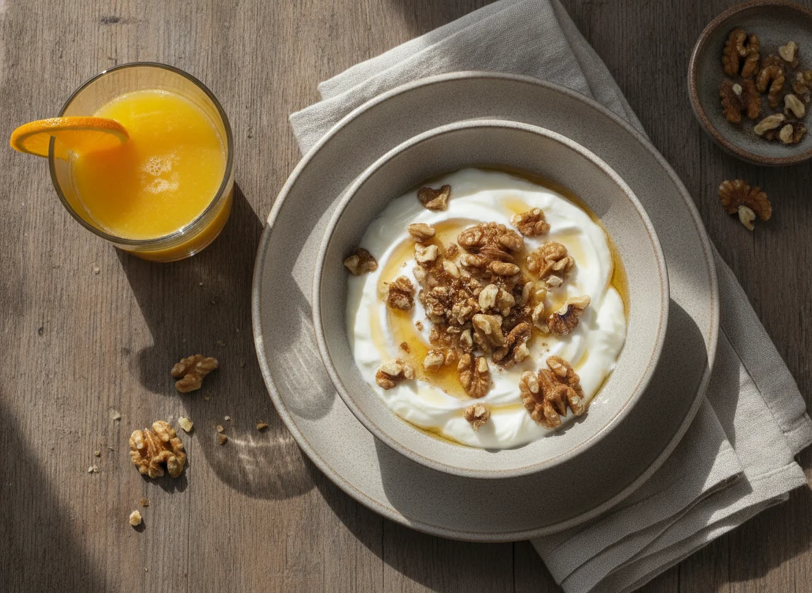 Desayuno con zumo de naranja, yogur y nueces photo