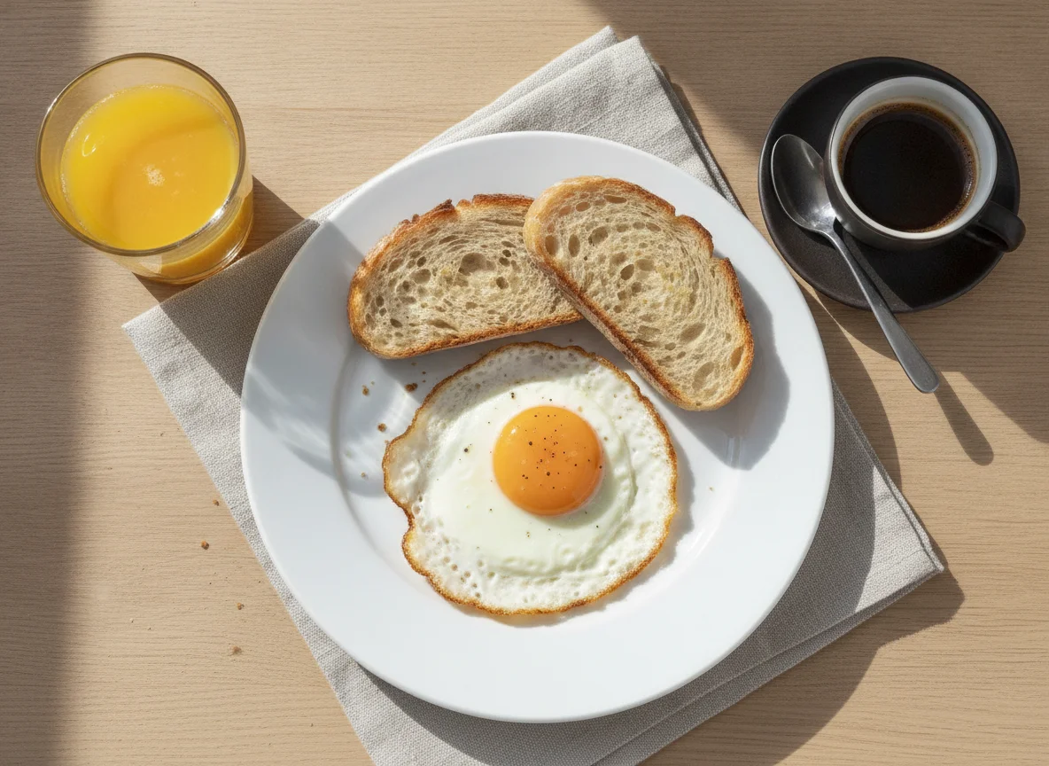 Desayuno con zumo y huevo frito photo