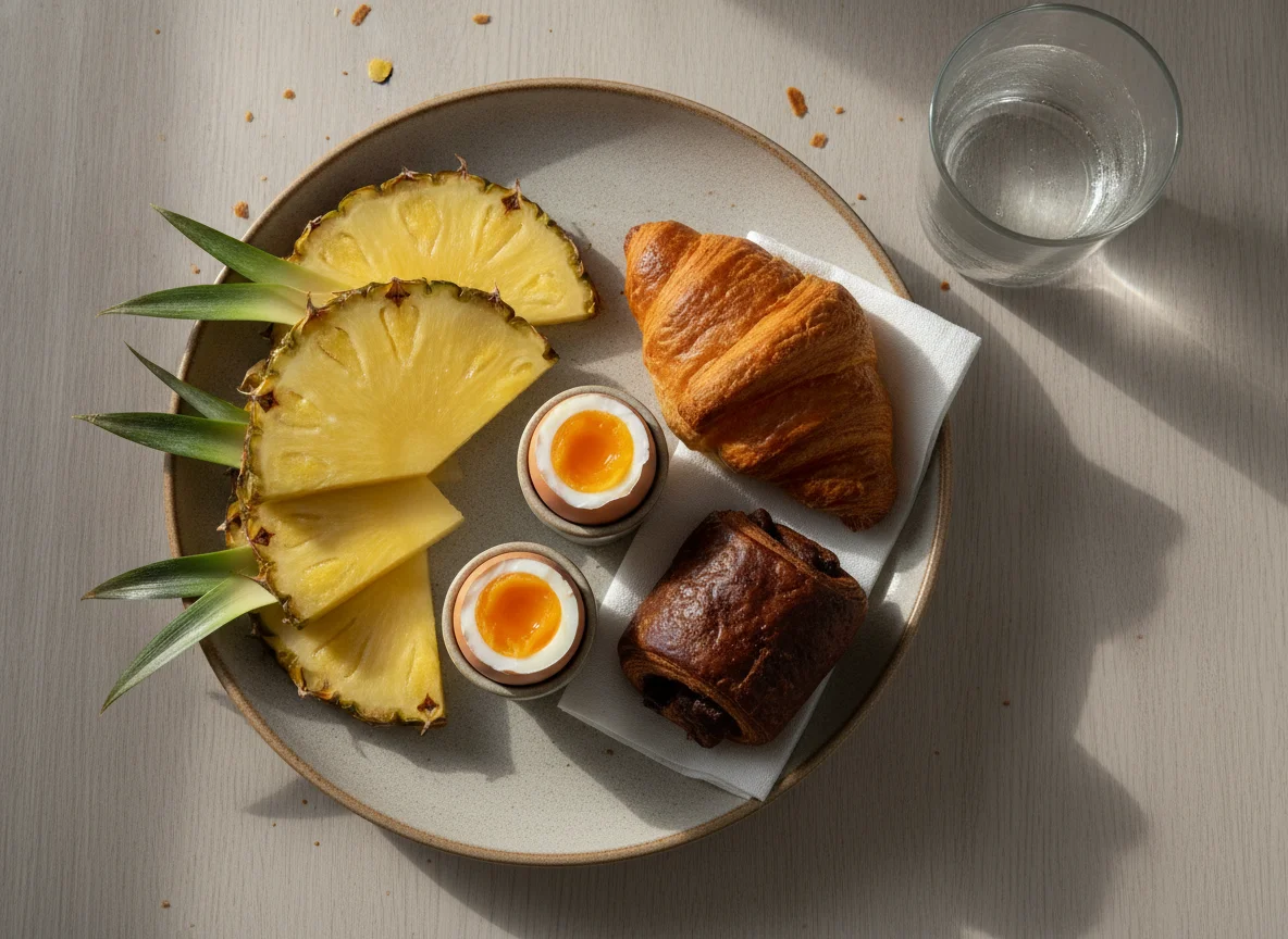 Desayuno continental con huevos, piña y panadería photo