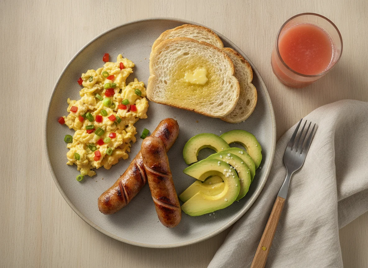 Desayuno criollo con huevos revueltos, aguacate y pan tostado photo