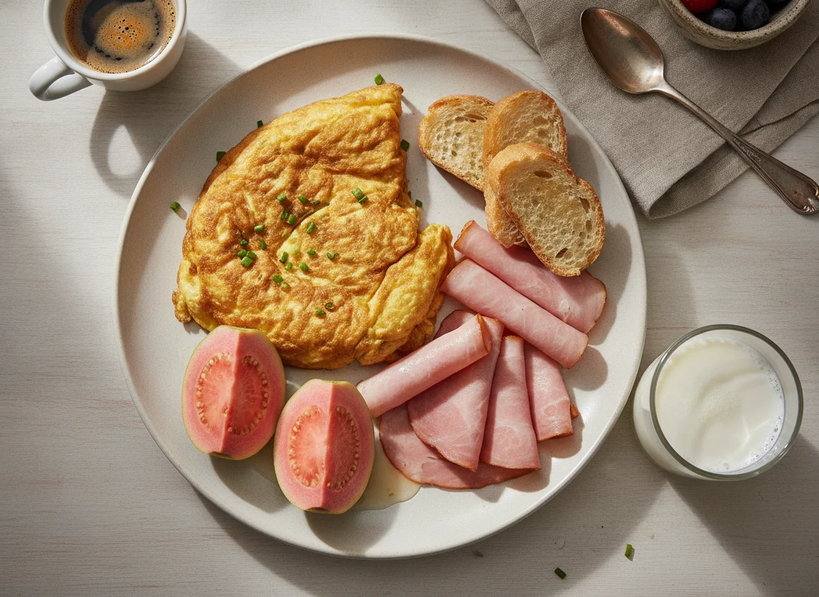 Desayuno cubano con tortilla y guayaba photo