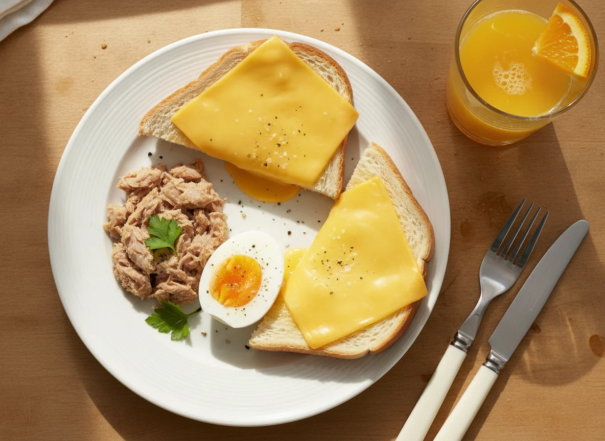 Desayuno de atún, huevo y pan con queso photo