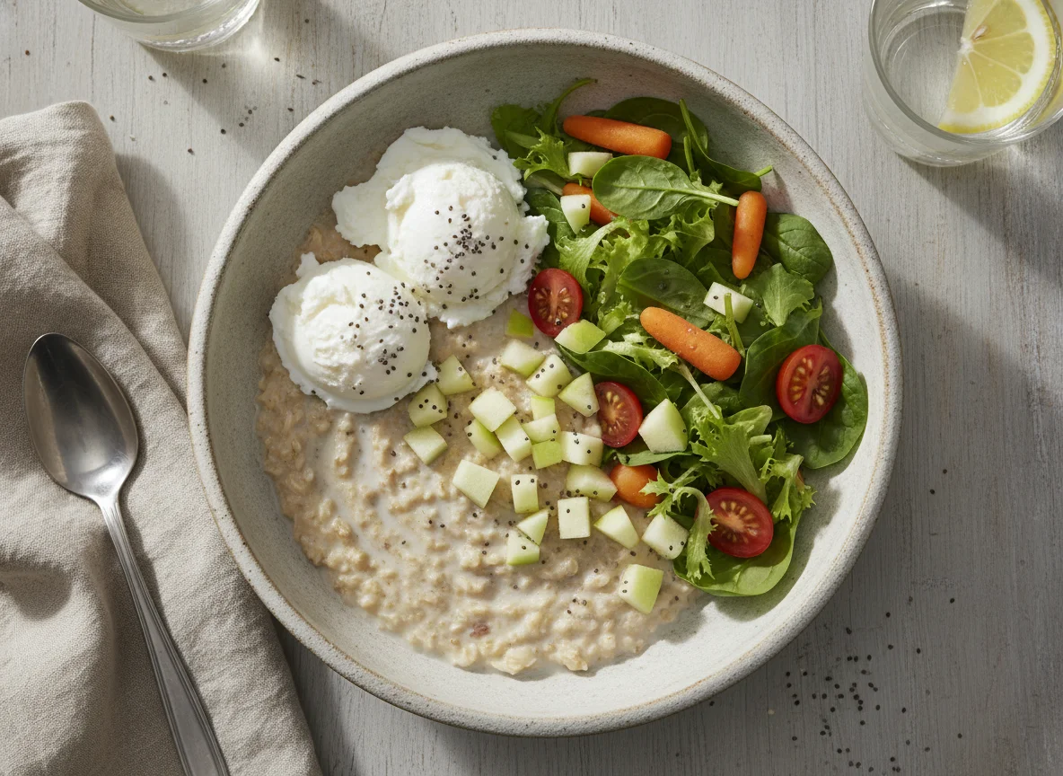 Desayuno de avena con chía, claras de huevo y ensalada photo