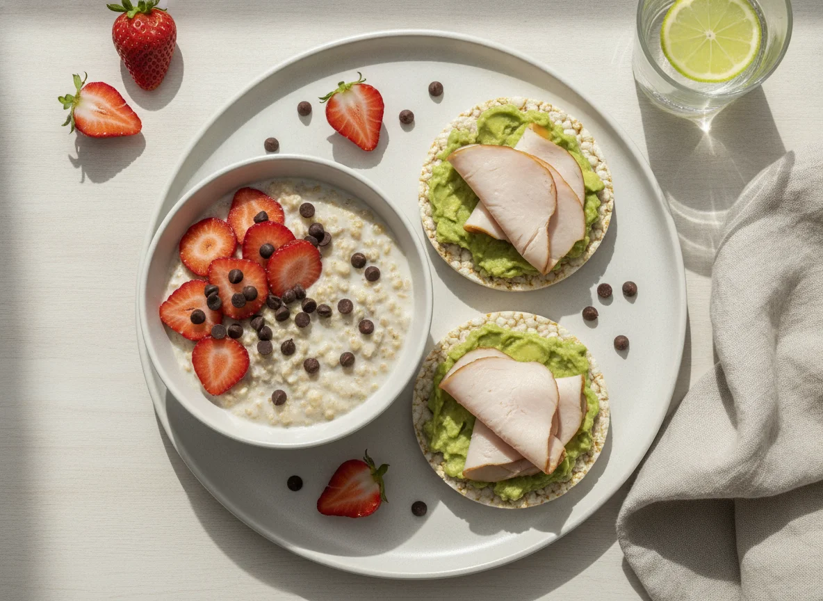 Desayuno de avena con fresas y tortitas de arroz con aguacate y pavo photo