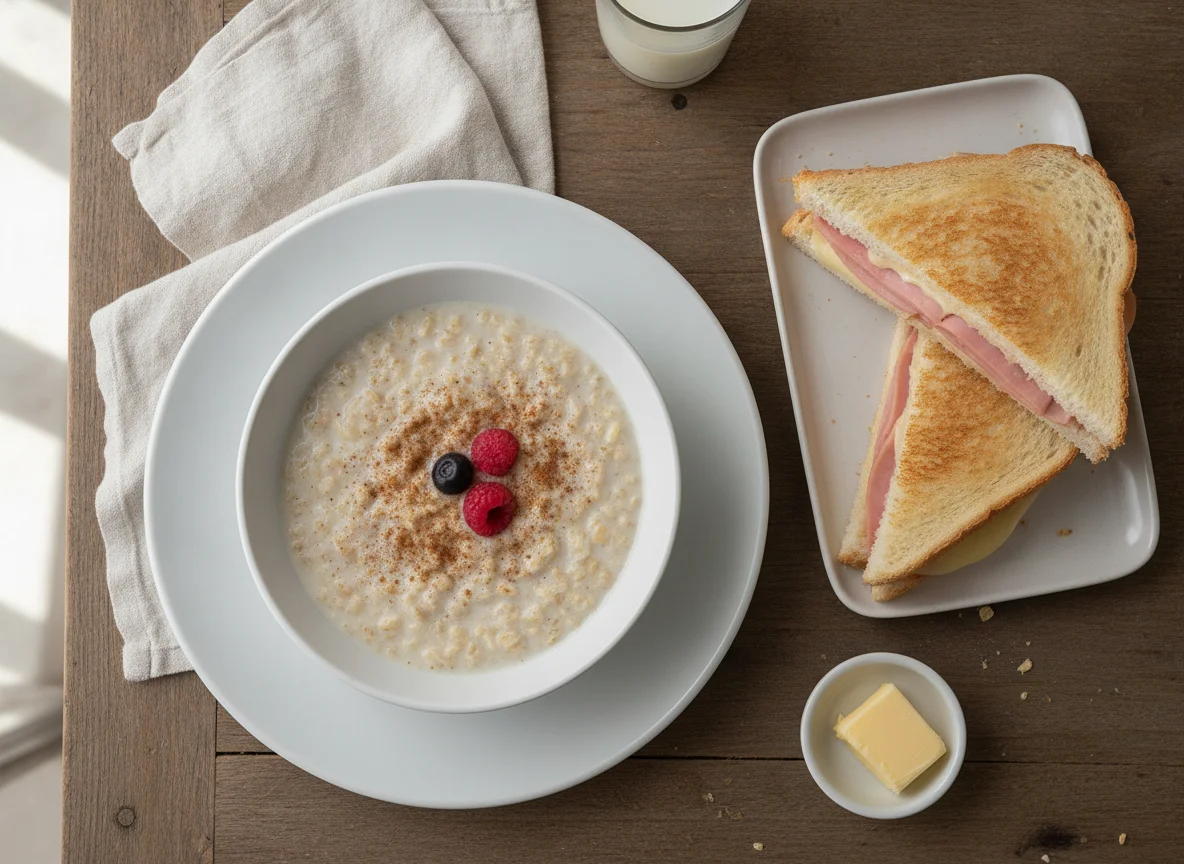 Desayuno de avena con leche y sándwich mixto photo