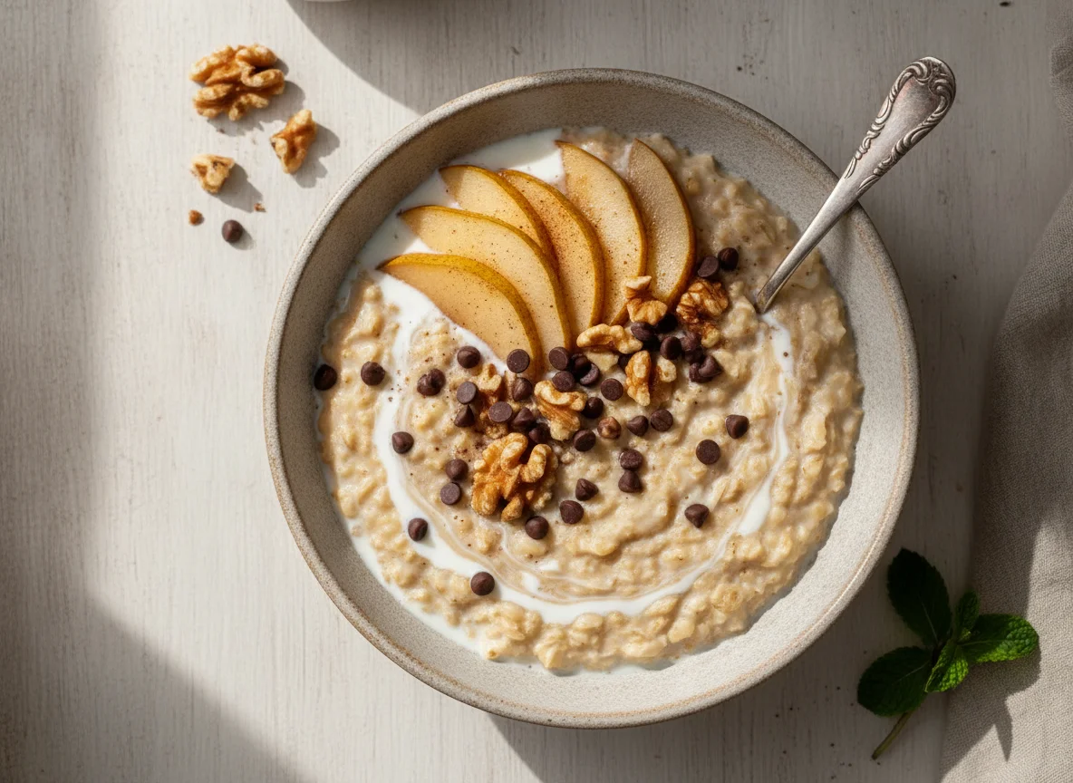 Desayuno de avena con pera y nueces photo