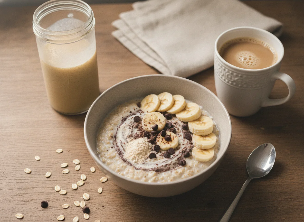 Desayuno de avena con plátano, café y batido de proteínas photo