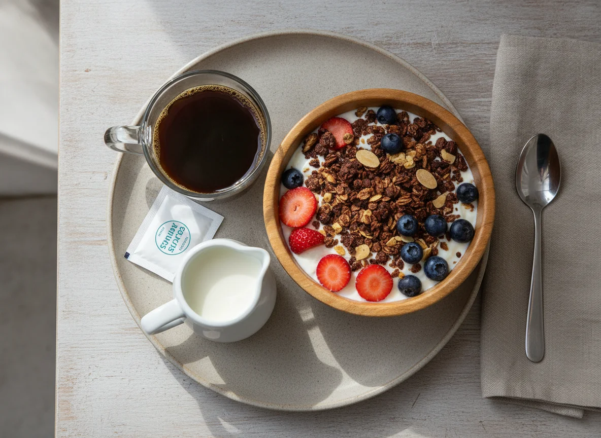 Desayuno de café con leche, yogur con frutas y granola photo