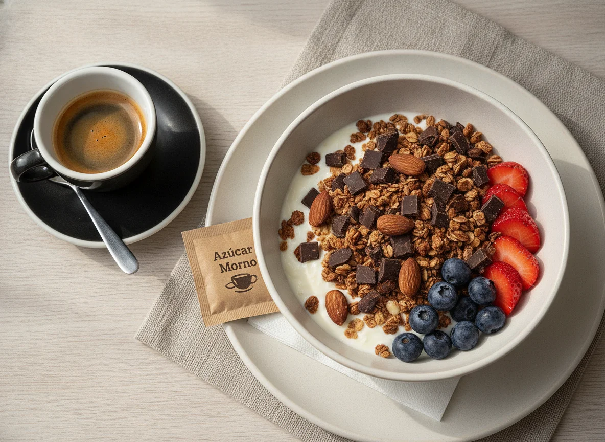Desayuno de café con yogur, granola y frutas photo