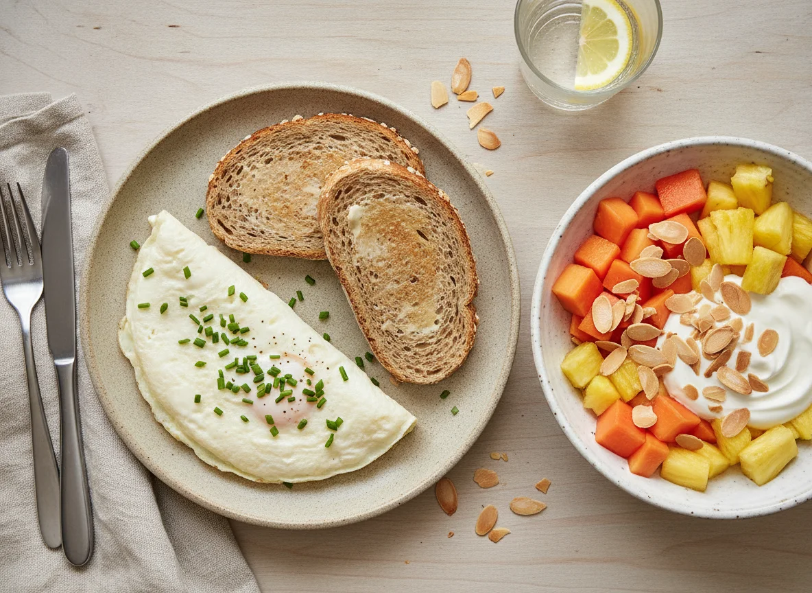 Desayuno de claras de huevo con tostada integral y tazón de frutas photo