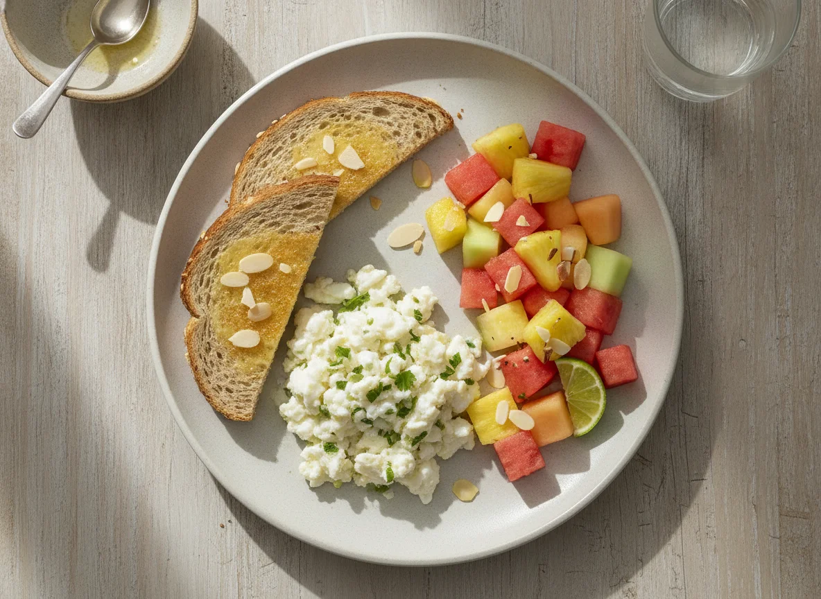 Desayuno de claras de huevo con tostada y ensalada de frutas photo