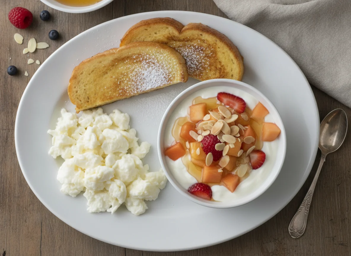 Desayuno de claras de huevo, pan francés y yogurt con frutas photo