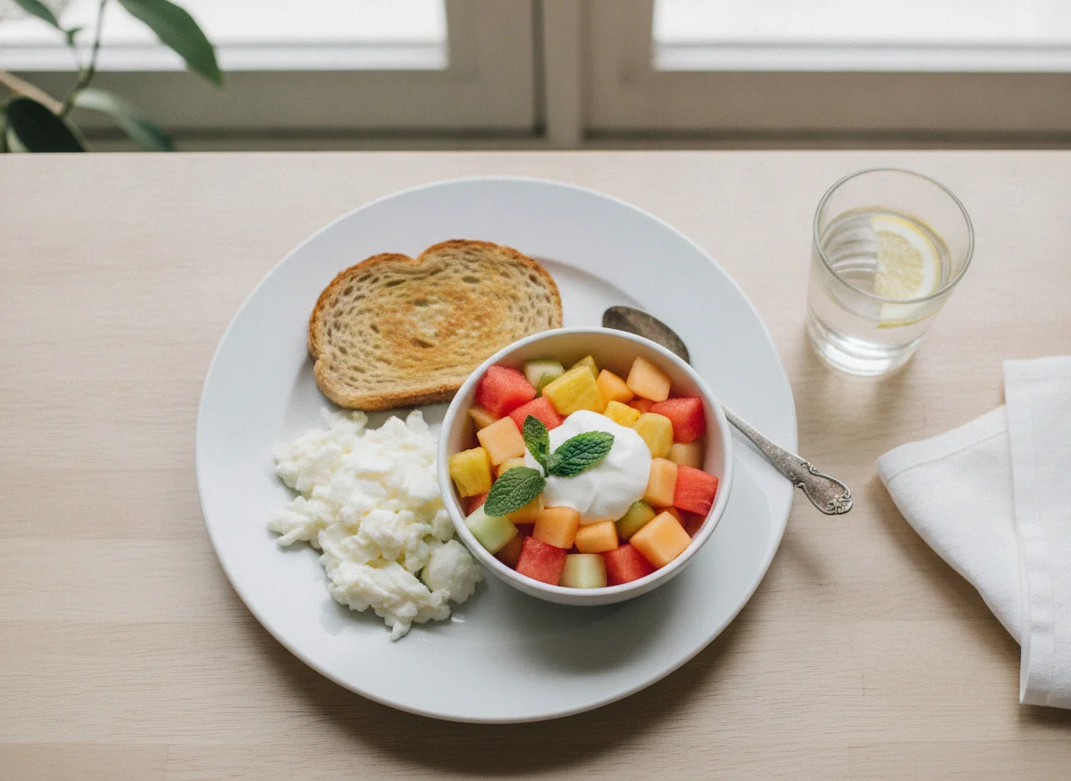 Desayuno de claras de huevo, pan integral y ensalada de frutas con yogur photo