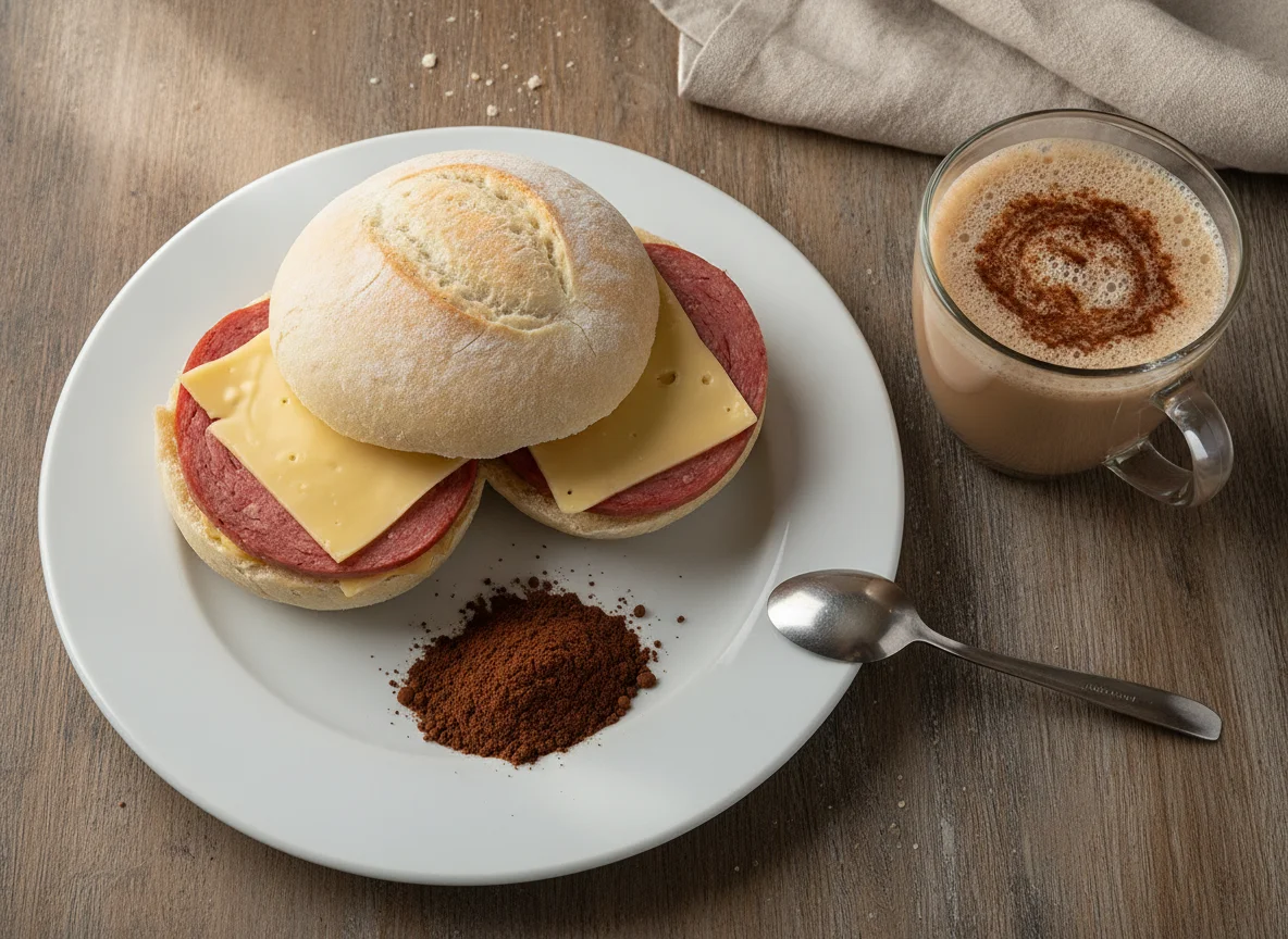 Desayuno de ColaCao y bocadillo de chopped con queso photo