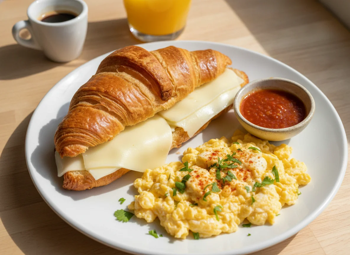 Desayuno de croissant y huevos revueltos photo