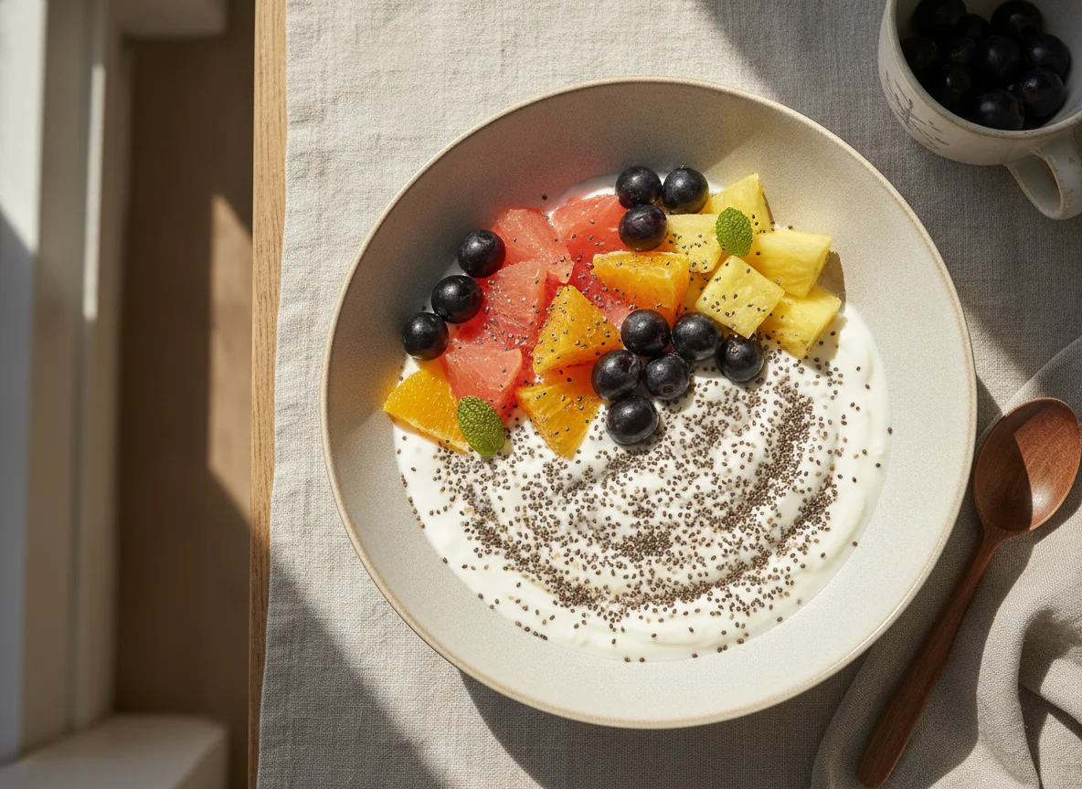 Desayuno de frutas con yogur y chía photo