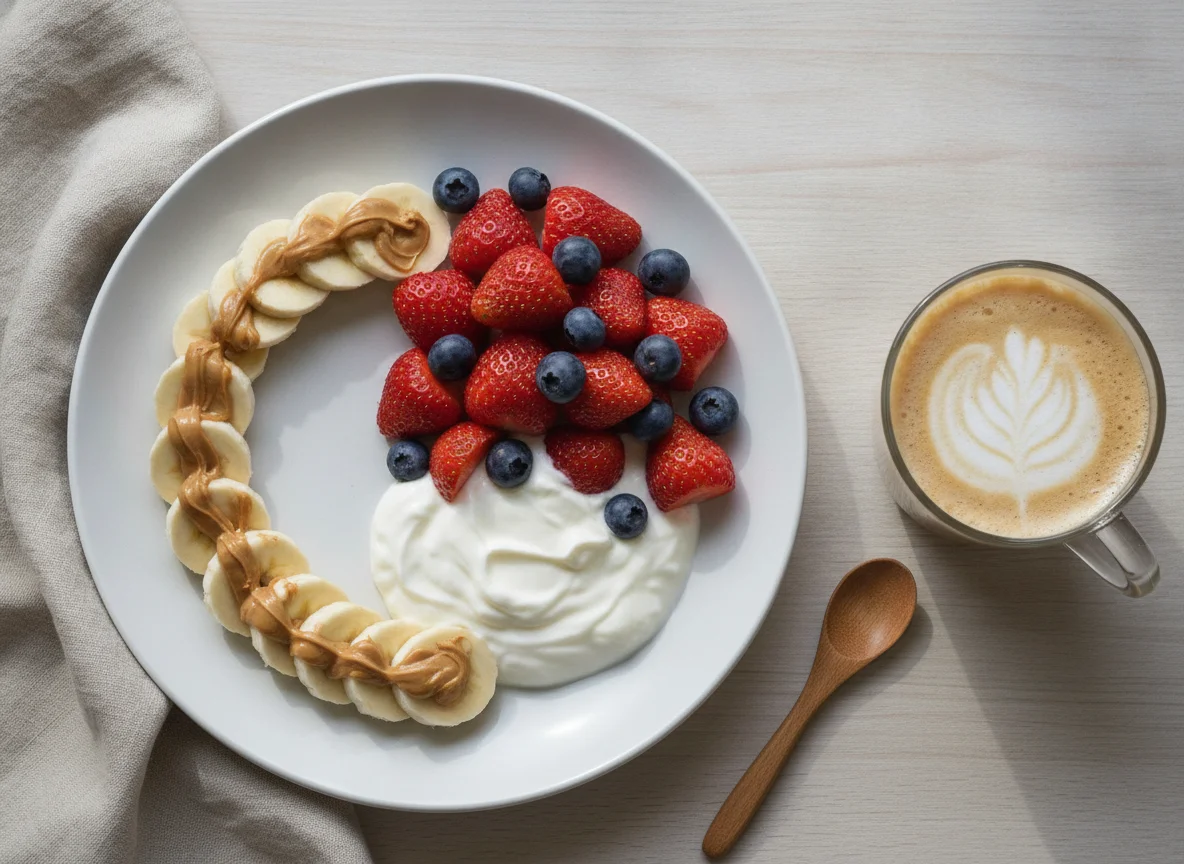 Desayuno de frutas con yogurt y café con leche photo