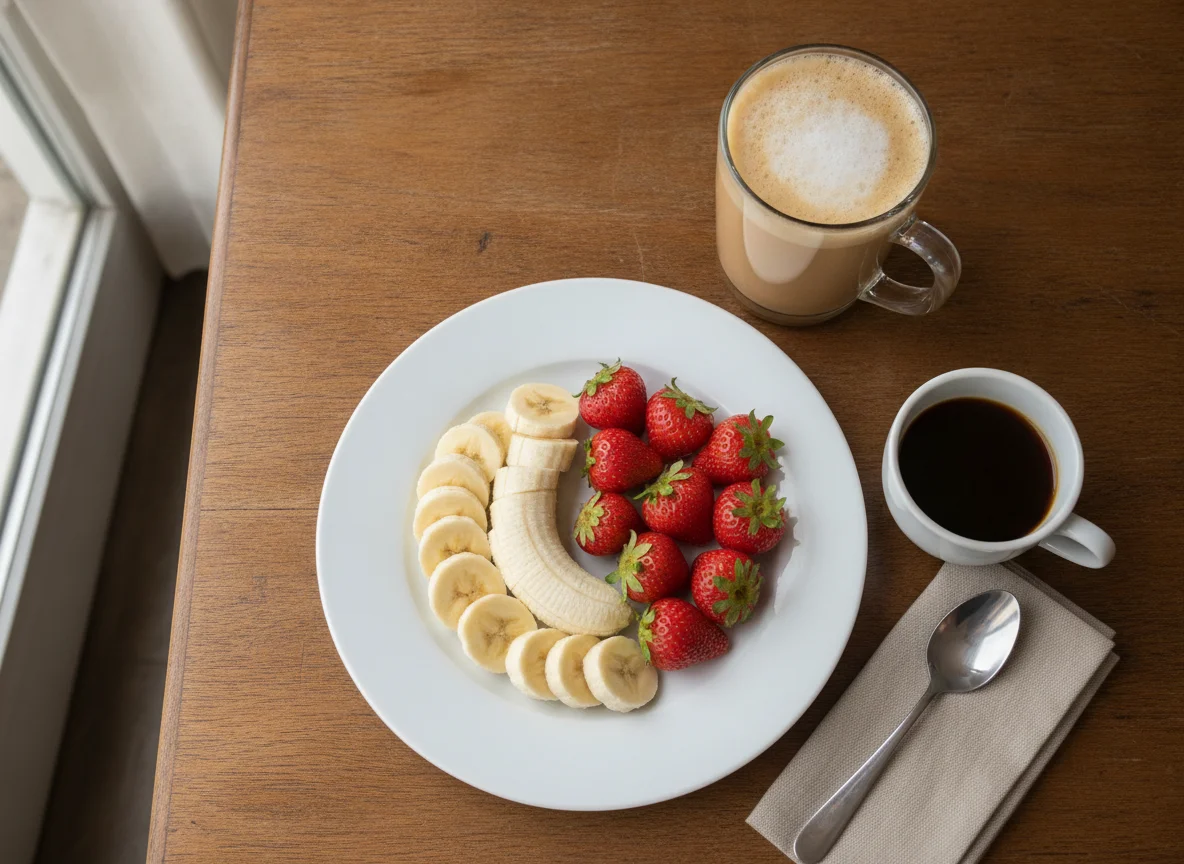 Desayuno de frutas y café con leche photo