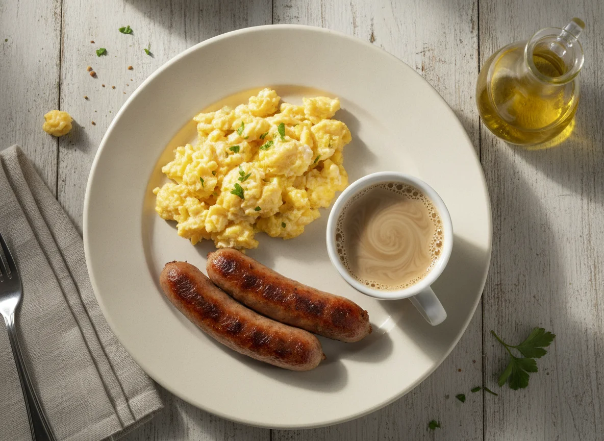 Desayuno de huevo con salchichas y café con leche photo