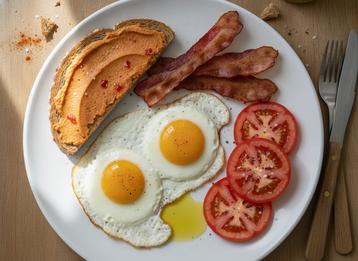Desayuno de huevos fritos con bacon, tomate y tostadas con hummus photo