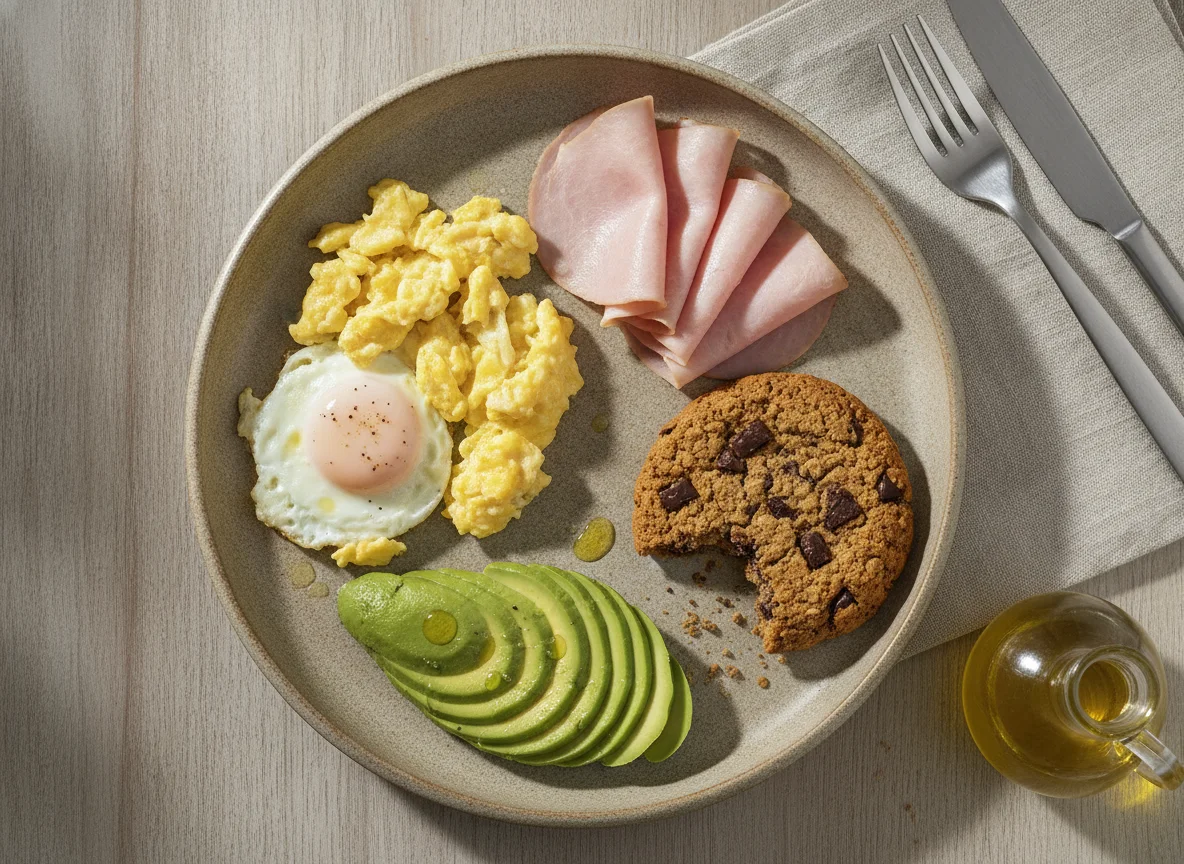 Desayuno de huevos revueltos con aguacate, jamón cocido y galleta de avena photo
