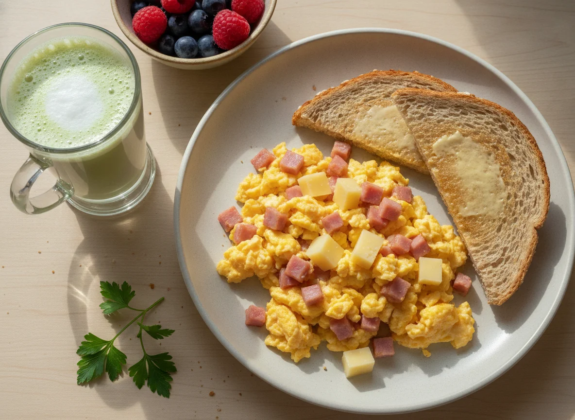Desayuno de huevos revueltos con jamón cocido, queso y matcha latte photo