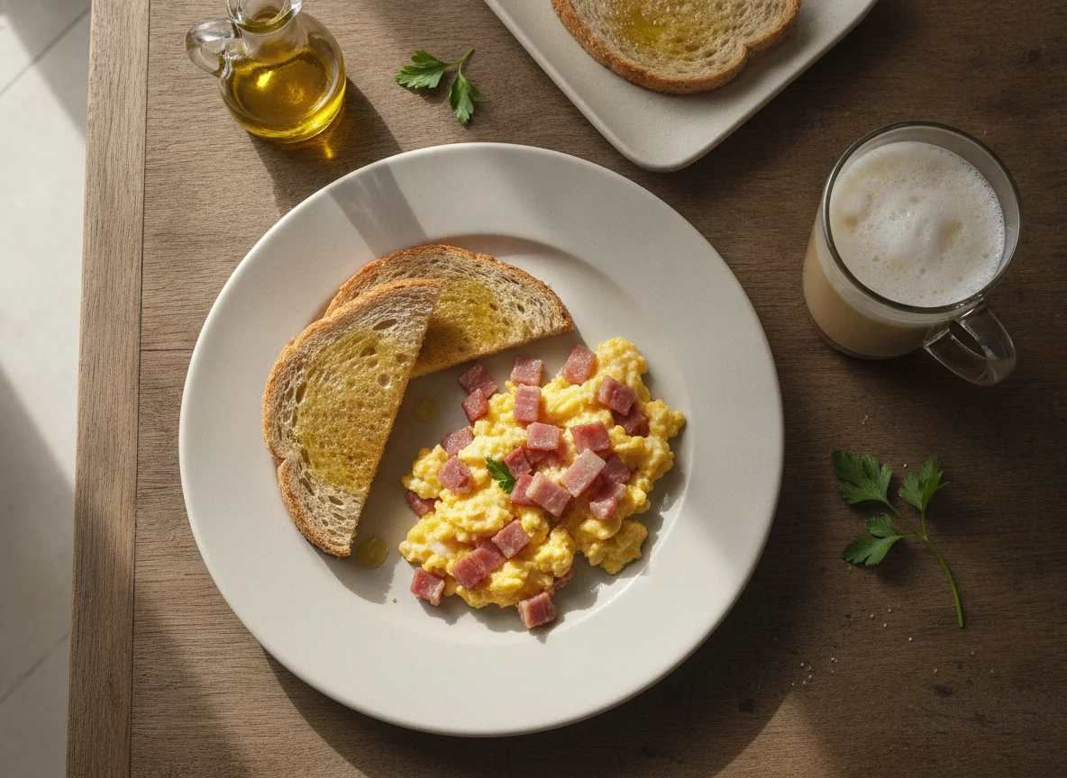 Desayuno de huevos revueltos con jamón, tostada y café con leche photo