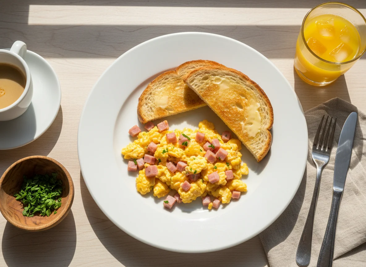 Desayuno de huevos revueltos con jamón y pan tostado photo