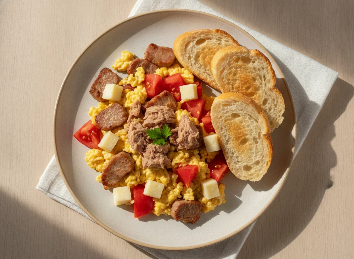 Desayuno de huevos revueltos con lomo, queso y tomate con atún photo