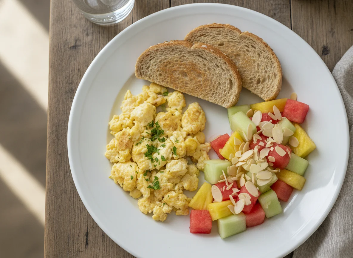 Desayuno de huevos revueltos con pan integral y ensalada de frutas photo