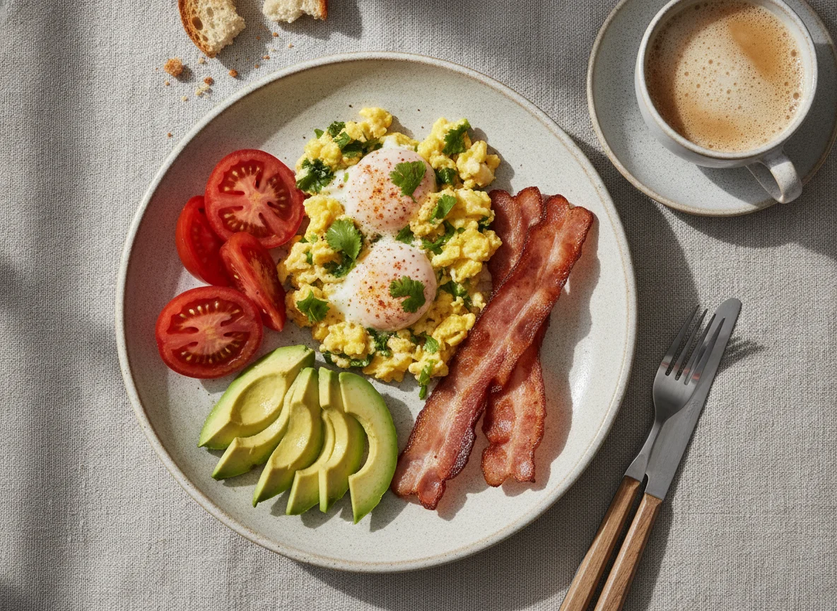 Desayuno de huevos revueltos con tocino, aguacate, jitomate y café con leche photo