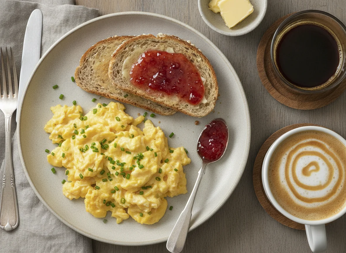 Desayuno de huevos revueltos con tostadas y café con leche de avena photo