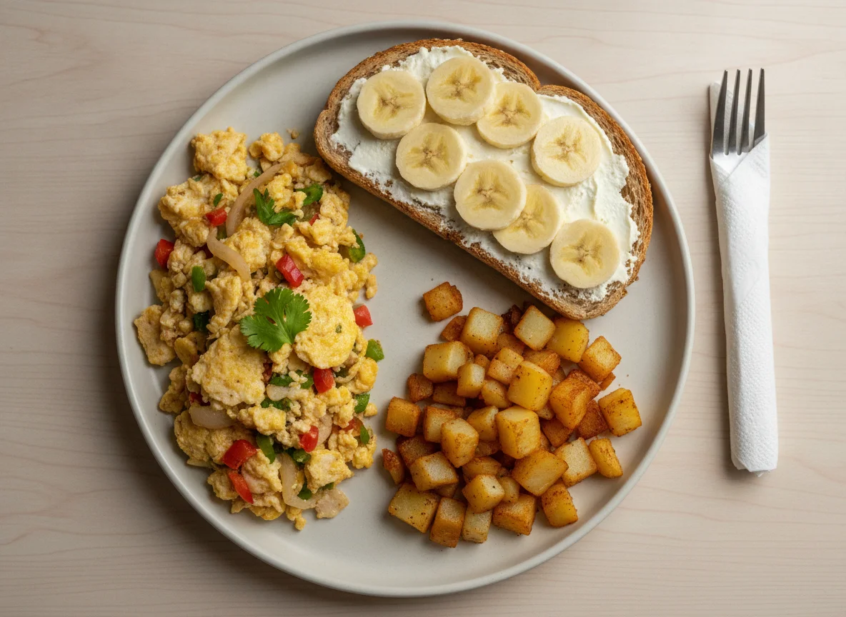 Desayuno de huevos revueltos con tostadas y plátano photo